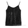 Tops de sangle de spaghetti de la mode inspirée de paillettes sexy